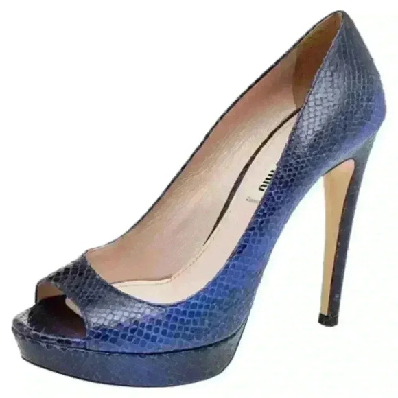 MIU MIU Blue Python Embossed Leather Peep Toe Platform Pumps - Picture 2 of 15